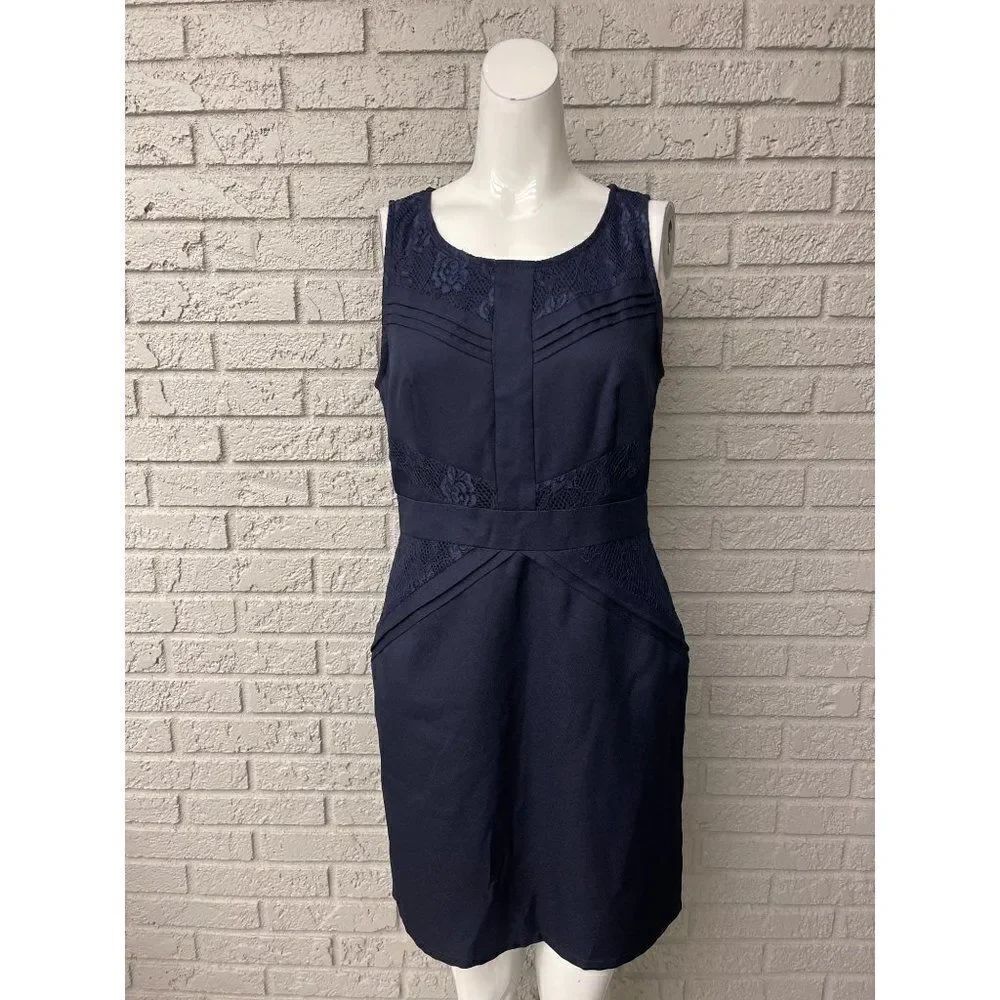 NWT Skies Are Blue Navy Pin & Tucked Dress With Lace Detail Size S